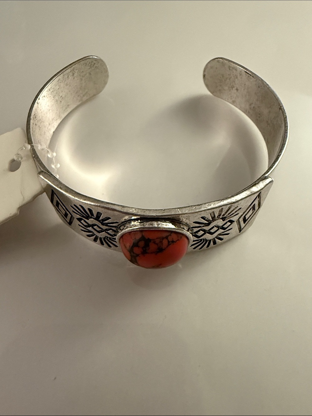 Marvel Silver-Tone Cuff Bracelet with Orange Cabochon -Boho jewelry